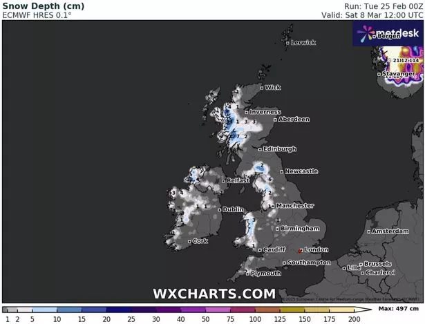 英国降雪地图显示,这场600英里的暴风雪的确切日期为“每小时4英寸”